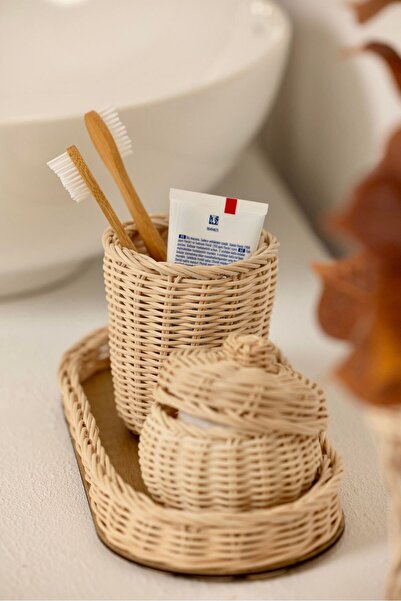 Maison Avf Σετ μπάνιου Rattan Bamboo 3 τεμαχίων - Θήκη οδοντόβουρτσας, καλάθι οργάνωσης, βαμβακερή θήκη