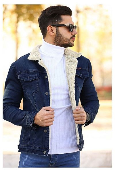 Cuqq Denim Мъжко прилепнало дънково яке с кожена подплата тъмносиньо