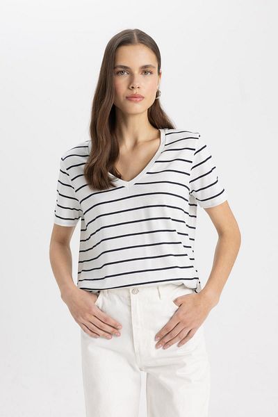 DeFacto Relax Fit V-Neck Striped Short Sleeve T-Shirt C7588Ax24Sm