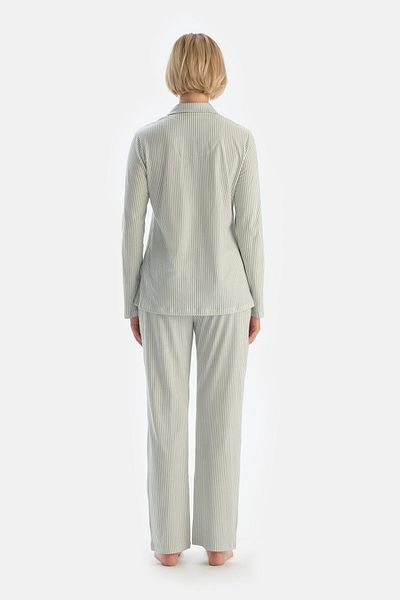 Dagi Turquoise Embroidered Striped Shirt and Pants Pajama Set