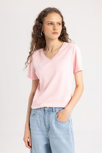 DeFacto Žebrované tričko Slim Fit s výstřihem do V – krátký rukáv, I1080az24sm
