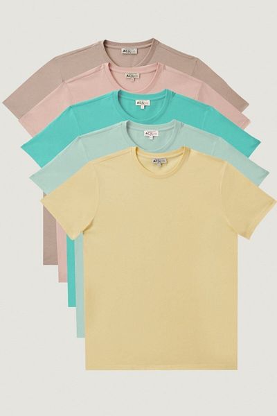 AC&Co / Altınyıldız Classics Ανδρικό Slim Fit Τριαντάφυλλο Dried-Τυρκουάζ-Κίτρινο-Μπεζ μελανζέ-Μέντα Πακέτο με 5 μπλουζάκια με λαιμόκοψη