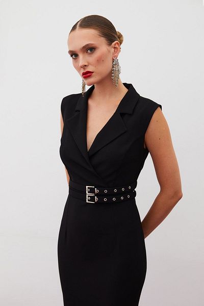 Sateen Rochie neagră cu centură midi