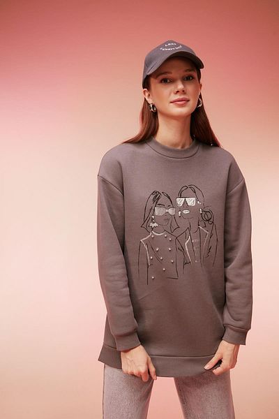 DeFacto Regular Fit Crew Neck Κεντημένο Μαλακό Γούνινο Λεπτό Φούτερ Tunic B5604ax23au