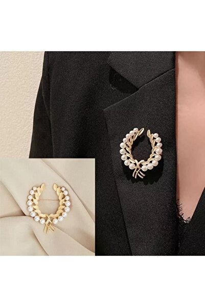 ESJ Zeytin Dalı Inci Çelenk Kadın Broş Ebat: 4,5*5 Cm