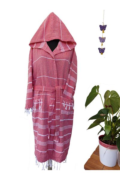 Peştanoz Peshtemal Bathrobe, Red, Nuray Pattern, 100% Cotton