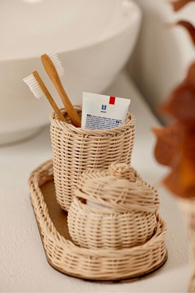 Maison Avf Σετ μπάνιου Rattan Bamboo 3 τεμαχίων - Θήκη οδοντόβουρτσας, καλάθι οργάνωσης, βαμβακερή θήκη