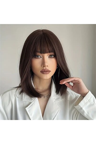 AKOLİFE Çikolata Kahve Bob Kesim Kısa Perçemli Peruk - Gerçek Saç Dokusu