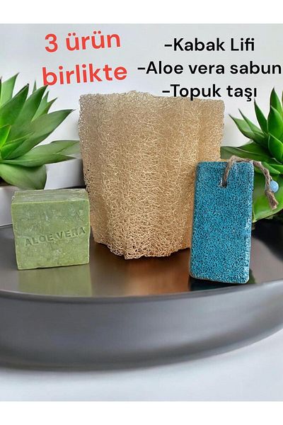ASLANCAN 3 Pieces Natural Pumpkin Fiber and Aloe Vera Soap - Pumice Heel Stone