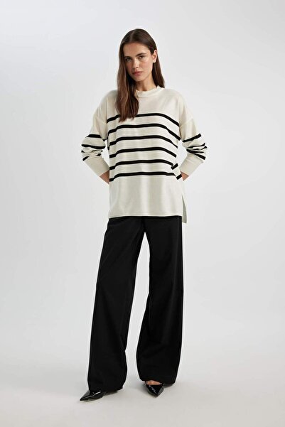 DeFacto Relax Fit Yumuşak Dokulu Çizgili Bisiklet Yaka Basic Düz Kazak Tunik S7517az23wn