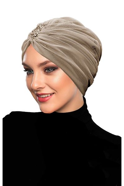 fidan bone Design Tulle Crystal Stone Embroidered Double Sided Lined Light Beige Ready Turban Hijab Evening Dress Bonnet.