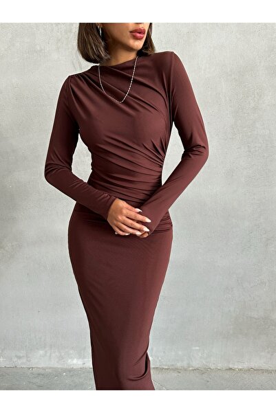 BEJNA Καφέ ντραπέ Λεπτομερές μακρύ γυναικείο φόρεμα