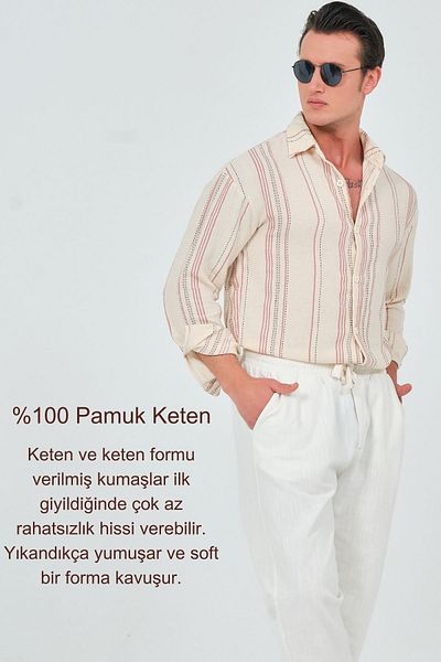 RELAXL 4 Seasons 100% Cotton Oversize Red Striped Linen Men's Shirt - Long Sleeve