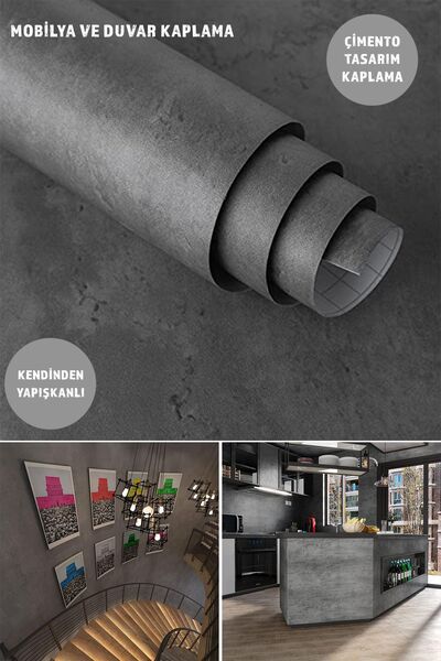 toptansaburada Kendinden Yapışkanlı Çimento Görünüm Antra 60×500cm Duvar Kağıdı Tezgah Dolap Kaplama