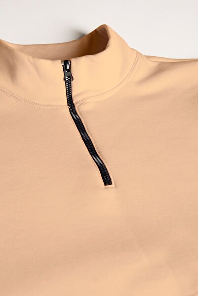 VEAVEN Erkek Krem Yarım Fermuarlı Basic Düz Sweatshirt