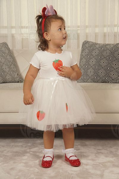 neocotton Φόρεμα για κορίτσια - στάμπα φράουλα, τούλι με στρώσεις και ύφασμα με ραβδώσεις