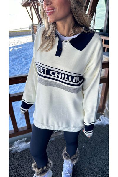 MaxiMor Pulover de damă cu guler polo tricotat casual - Detaliu text și dungi, se potrivește cu mărimea standard SMLXL