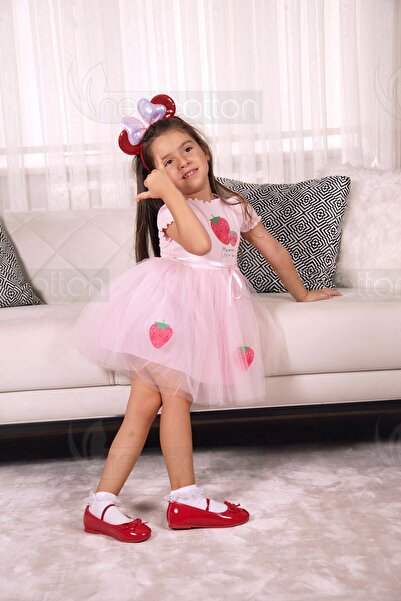 neocotton Çilek Baskılı Kız Çocuk Elbise Katlı Tüllü Astarlı Üst Kısım Ribana Kumaş