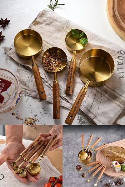 BEYZANA 4 Pieces Large Size Stainless Steel Measuring Cup Set - Wooden Handle, 60ml 80ml 125ml 250ml