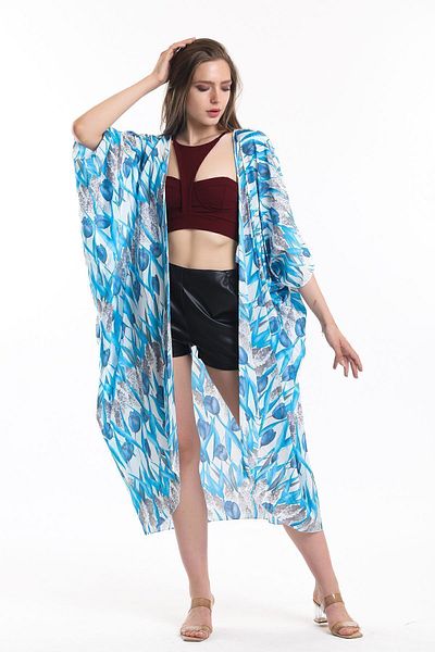 Sense Elb33597 Kimono de plajă din șifon albastru cu modele de lalele