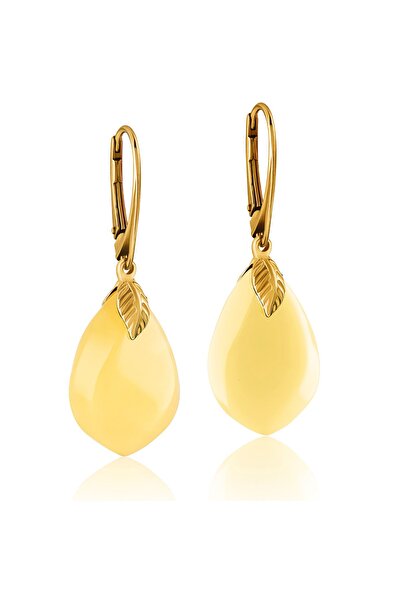 Amber by Mazukna Süt Rengi Köşeli Damla Kesim Kehribar Küpe, 925 Gümüş Altın ...