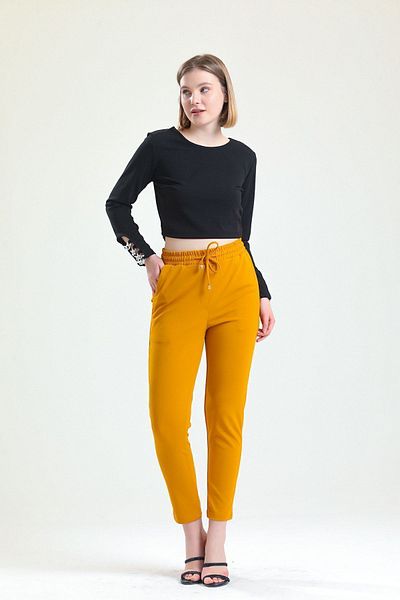 Sense Laced Scuba Crepe Trousers with Elastic Waist Pockets| Pnt33885 Saffron