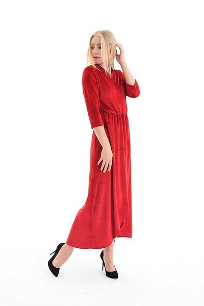 Sense Women's Red Double Breasted Collar Skirt Split Velvet Dress Elb31776