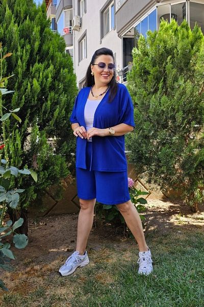 sinemisxxl Blue Lycra Wrapped Shorts and Kimono Set