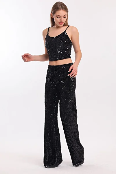 Sense Lined Elastic Wide Leg Sequined Plus Size Evening Dress Pants |   Pnt34693 Black Black