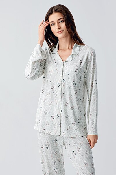 Artış Flexible Viscose Pajama Set - Long Sleeve and Patterned Buttoned