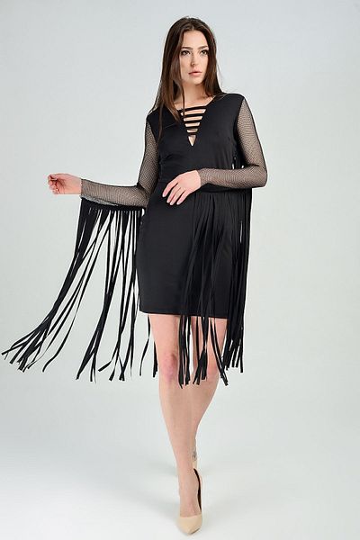Sense Rochie de seară Diver cu mâneci tăiate cu laser și ciucuri la spate |   Elb31368 Negru