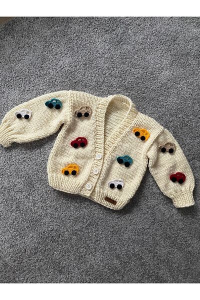 NEVALİN Hand Knitted Boy's Cardigan with Car Detail