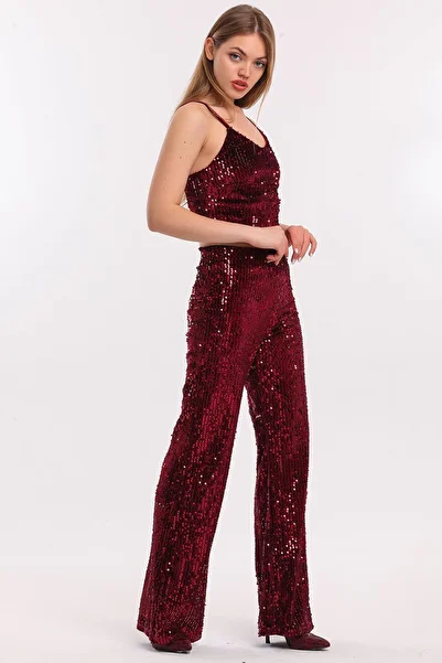 Sense Elastic Wide Leg Sequined Evening Dress Trousers| Pnt33970 Claret Red