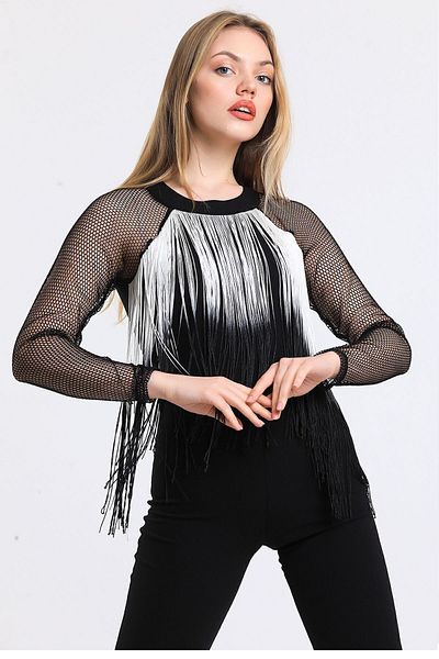 Sense Scuba Crepe Evening Dress Jumpsuit with Mesh Front Tassel Detail on Sleeves Tlm34199 Black