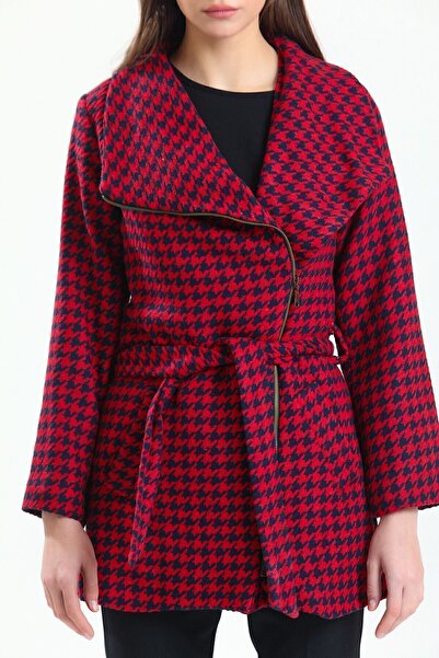 Sense Wide Collar Front Zippered Belted Coat| Kbn32352 Navy Red
