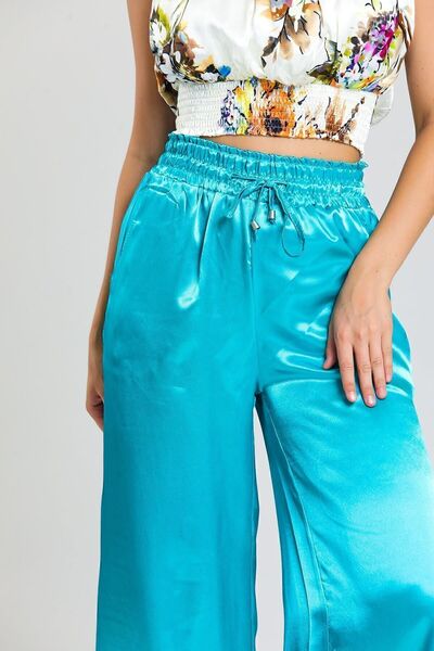 Sense Gipe Detailed Pocketed Wide Leg Satin Trousers| Pnt34217 Green