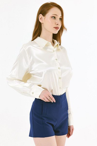 Sense Pantaloni scurți din crepon ușor albastru de noapte cu buzunare ornamentale - Şrt14056Yn