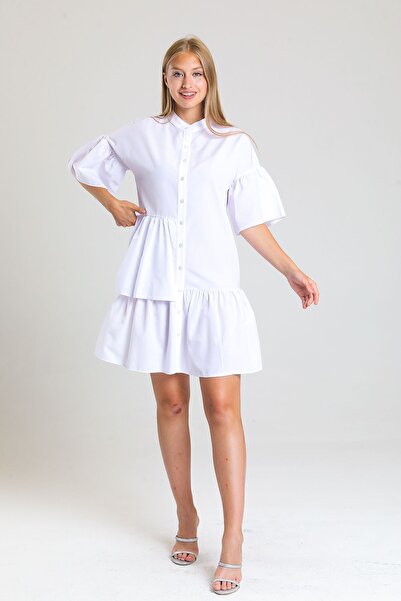 Sense Λευκό κοντομάνικο φόρεμα με κουμπιά - Elb34244
