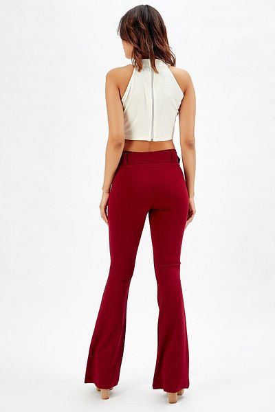 Sense Burgundy Knitted Fabric Spanish Belted Trousers - Pnt32439