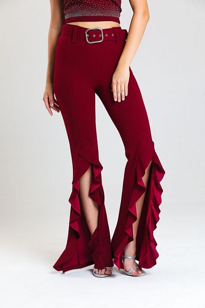 Sense Belted Side Flounce Scuba Crepe Trousers_pnt33381 Claret Red