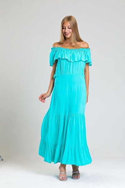 Sense Μακρύ φόρεμα Degaje με γιακά ελαστικό υφαντό βισκόζη |   Elb34315 Νερό Πράσινο