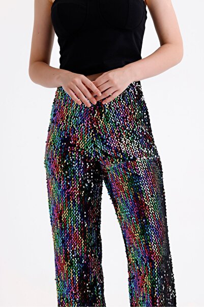 Sense Lastikli Geniş Paça Payetli Abiye Pantolon | Pnt33970 Siyah Lila