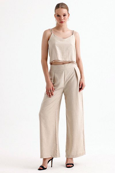 Sense Beige Blouse and Trousers Set - Pearl Detail, Tkm35863