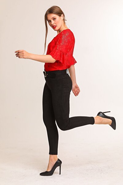 Sense Waist Fabric Covering Belted Front Stitching Iron Trace Skinny Leg Suede Trousers| Pnt32569 Black