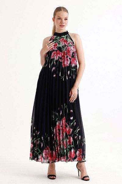 Sense Black Floral Print Chiffon Evening Dress - Pleated and Lined, Long Elb35127sf