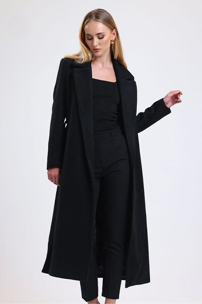 Sense Belted Long Stamp Coat with Slit Detail| Kbn34637 Black