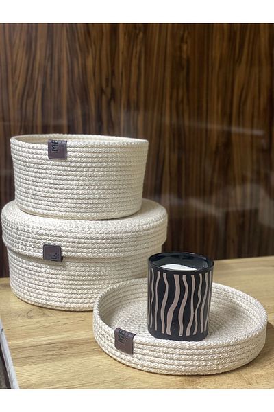 Metasupla Cream Wicker Basket Set Made of Cotton Thread - 2-Piece Wicker Organizer Set - Organizer