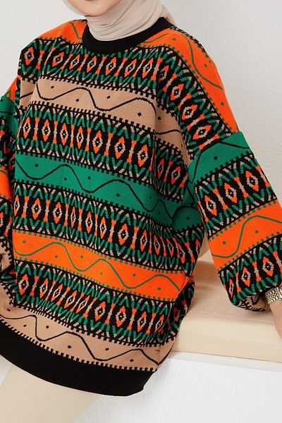 Egelite Casual Patterned Hijab Knitwear Tunic - Stylish Balloon Sleeve Winter Style