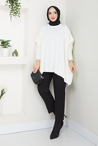 MODAMERSİ Ecru Hijab Knitwear Oversize Slit Γυναικείο πουλόβερ