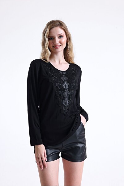 Sense Lace Collar Long Sleeve Viscose Blouse| Blz35274 Black